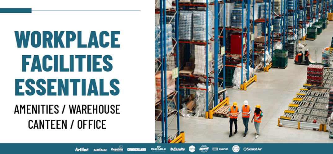 Two people walking in a warehouse with the heading Workplace Facilities Essentials